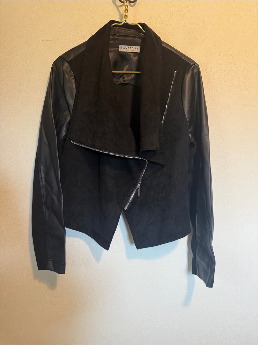 bagatelle Black Faux Suede and Leather-Style Asymmetrical Moto Jacket